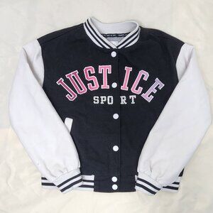 Justice Girls Varsity Jacket Size 10 M Black White Pink Button Up Sport Coat